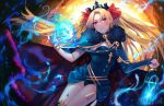  1girl birdcage black_cloak black_leotard black_tiara blonde_hair blue_fire bow cage chinese_commentary cloak commentary_request cowboy_shot detached_sleeves earrings ereshkigal_(fate) ereshkigal_(second_ascension)_(fate) fate/grand_order fate_(series) fire fur-trimmed_cloak fur_trim gold_earrings gold_trim hair_bow hand_up holding holding_cage jewelry leg_tattoo leotard long_hair looking_up parted_bangs parted_lips red_bow red_eyes signature single_detached_sleeve skull_ornament sleeves_past_wrists solo tassel tattoo tiara tooaya two-sided_cloak two-sided_fabric two_side_up 