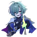  1boy :d ahoge armor belt belt_collar black_belt black_gloves blue_shirt choker coat collar collared_shirt commentary_request earrings genshin_impact gloves green_hair hair_between_eyes hand_on_own_chest highres holding holding_weapon jewelry knife lohen_(genshin_impact) long_sleeves looking_at_viewer male_focus mole mole_under_eye multicolored_eyes open_mouth parted_lips pointing pointing_at_viewer samon_(vxxr8575) shirt short_hair shoulder signature single_earring smile solo teeth upper_body upper_teeth_only weapon white_background 