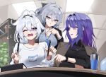  3girls absurdres amiris_(amiris76455574) black_sweater blue_eyes book breasts bronya_zaychik bronya_zaychik_(silverwing:_n-ex) brown_vest commentary_request cup diamond-shaped_pupils diamond_(shape) grey_eyes grey_hair grey_sweater highres holding holding_pen honkai_(series) honkai_impact_3rd indoors jewelry kiana_kaslana kiana_kaslana_(herrscher_of_finality) korean_commentary large_breasts long_hair mihoyo multiple_girls necklace one_eye_closed pen purple_eyes purple_hair raiden_mei raiden_mei_(apho) shirt sweater symbol-shaped_pupils turtleneck turtleneck_sweater very_long_hair vest white_hair white_shirt 