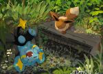  closed_eyes commentary_request dated eevee fangs grass highres isshiki0705 lying no_humans open_mouth outdoors pokemon pokemon_(creature) pokemon_focus rock shinx storm_drain 