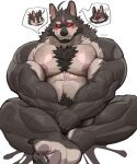 abs ahoge anthro barazoku beard big_ears big_muscles big_pecs blush bodily_fluids body_hair brother_(lore) brothers_(lore) canid canine canis chest_tuft clive_the_wolf_(uriex) covering covering_crotch crossed_legs facial_hair facial_markings feet flustered forehead_markings group hair happy_trail head_markings hi_res looking_at_viewer male mammal markings merging muscular muscular_arms muscular_legs muscular_male nipples notched_ear pawpads pecs pubes red_eyes sibling_(lore) simple_background sitting slime solo speech_bubble sweat trio tuft uriex veiny_arms wolf