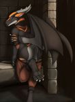  2017 anthro blue_eyes butt claws clothed clothing dragon ferro_the_dragon hi_res horn looking_back no_underwear pants partially_clothed q-blackbun raised_tail scalie solo standing teeth topless wings 