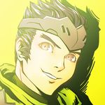  black_hair brown_eyes close-up commentary face forehead_protector genji_(overwatch) green_background looking_at_viewer male_focus overwatch parted_lips portrait scarf sijia_wang simple_background solo young_genji younger 