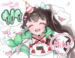  ._. :d absurdres birthday birthday_cake blush bow brown_hair cake choker confetti crying food green_hair hair_bow hair_ornament hat heart heart_choker heart_hair_ornament highres indie_virtual_youtuber kokoamiki miki_kokoa multicolored_hair party_hat smile streaked_hair sweet_tooth(miki_kokoa) two-tone_hair virtual_youtuber white_background white_choker 