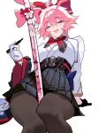  1girl animal_ears between_thighs black_pantyhose black_skirt blue_eyes breasts cleavage commentary distr english_commentary evanescia_(honkai:_star_rail) fox_ears fox_girl highres holding holding_marker honkai:_star_rail honkai_(series) large_breasts looking_at_viewer marker measuring_stick open_mouth pantyhose pink_hair pleated_skirt shirt short_hair_with_long_locks simple_background skirt smile solo thighs white_background white_shirt 