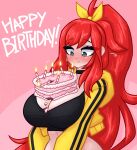  1girl birthday_cake black_sports_bra blush breasts cake candle choker cleavage elly_(1st_costume)_(vtuber) elly_(vtuber) food food_on_body food_on_breasts green_eyes happy_birthday highres indie_virtual_youtuber jacket large_breasts limebreaker long_hair looking_down pink_background ponytail red_hair solo sports_bra virtual_youtuber yellow_jacket 
