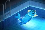 ambiguous_gender blue_body blue_eyes colored digital_drawing_(artwork) digital_media_(artwork) eeveelution feral generation_1_pokemon hi_res komanyachi night nintendo nude partially_submerged paws pokemon pokemon_(species) quadruped shaded smile solo swimming swimming_pool tail vaporeon