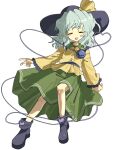  1girl black_hat commentary_request contrast_collar full_body green_hair half-closed_eyes hat hat_ribbon highres komeiji_koishi long_sleeves looking_at_viewer mozupoko open_mouth ribbon shirt simple_background smile solo teeth third_eye touhou upper_teeth_only white_background wide_sleeves yellow_ribbon yellow_shirt 