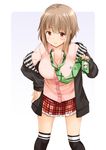  bangs black_legwear blush breasts brown_eyes brown_hair cleavage closed_mouth collarbone commentary_request dress_shirt eyebrows_visible_through_hair feet_out_of_frame frills fujishima_shinnosuke gradient gradient_background green_neckwear hand_on_hip hood hoodie large_breasts leaning_forward legs_apart long_sleeves looking_at_viewer loose_necktie necktie off_shoulder open_clothes open_hoodie original over-kneehighs pink_shirt plaid plaid_neckwear plaid_skirt red_skirt safety_pin shirt short_hair_with_long_locks sidelocks skirt skull_print smile solo standing striped thighhighs white_background 
