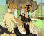  1boy 1girl absurdres aku_no_meshitsukai_(vocaloid) aku_no_musume_(vocaloid) allen_avadonia arm_behind_back bare_shoulders bird birdcage black_bow blonde_hair blurry blurry_foreground bow brother_and_sister bush cage chair closed_mouth collared_jacket commentary depth_of_field detached_collar dress dress_ribbon evillious_nendaiki frilled_sleeves frills garden green_eyes hair_bow hair_ornament hair_ribbon hairclip high_collar high_ponytail highres holding holding_own_dress holding_umbrella jacket kagamine_len kagamine_rin long_sleeves looking_at_viewer looking_back miku_symphony_(vocaloid) momo43757115 off-shoulder_dress off_shoulder outdoors parasol ponytail ribbon riliane_lucifen_d'autriche round_table short_hair short_ponytail siblings sidelocks sideways_glance smile table turning_head twins umbrella updo vocaloid wide_sleeves yellow_dress yellow_jacket 