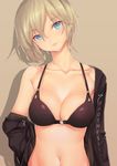  anastasia_(idolmaster) arm_at_side bare_shoulders bikini_top black_bikini_top black_jacket blonde_hair blush breasts brown_background cleavage closed_mouth clothes_writing collarbone commentary eleaclarisse eyebrows_visible_through_hair hair_between_eyes head_tilt highres idolmaster idolmaster_cinderella_girls jacket lips medium_breasts navel off_shoulder pink_lips shiny shiny_skin short_hair simple_background solo stomach tsurime upper_body 
