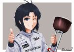  1girl antenna_hair black_eyes black_hair border commentary_request grey_background grin holding holding_trophy idolmaster idolmaster_(classic) jumpsuit kayatsu_urotoma kikuchi_makoto looking_at_viewer one_eye_closed outside_border racing_suit short_hair simple_background smile solo thumbs_up trophy twitter_username upper_body white_border white_jumpsuit 