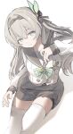  1girl absurdres aqua_bow aqua_bowtie aqua_pupils black_hairband bow bowtie breasts buttons closed_mouth commentary double-breasted feet_out_of_frame firefly_(honkai:_star_rail) firefly_(spring_missive)_(honkai:_star_rail) grey_hair grey_sailor_collar grey_skirt hairband hand_up highres honkai:_star_rail honkai_(series) long_hair long_sleeves medium_breasts multicolored_eyes name_tag official_alternate_costume plaid_bow plaid_bowtie plaid_clothes plaid_skirt sailor_collar school_uniform serafuku simple_background skirt solo thighhighs two-tone_eyes vespark white_background white_thighhighs zettai_ryouiki 