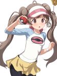  1girl :o ? @_@ absurdres ahoge black_pantyhose blue_sleeves blush breasts brown_eyes brown_hair coin coin_on_string commentary_request cosplay cowboy_shot donut_hair_bun double_bun drop_shadow hair_bun hakozaki_serika hand_up highres holding holding_poke_ball hypno hypnosis idolmaster idolmaster_million_live! large_variant_set long_hair milliani mind_control open_mouth out_of_frame pantyhose poke_ball poke_ball_(basic) pokemon raglan_sleeves rosa_(pokemon) rosa_(pokemon)_(cosplay) shirt short_shorts shorts simple_background small_breasts smile solo_focus standing transparent_background twintails variant_set visor_cap white_shirt wristband yellow_shorts 