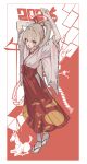  1girl 2026 :d absurdres bandaged_arm bandages blonde_hair blush border chinese_zodiac commentary fang full_body hair_intakes hakama hakama_skirt highres horse japanese_clothes kimono long_hair long_sleeves miko mosuroshyu natori_sana new_year open_mouth outside_border ponytail red_background red_hakama ribbon-trimmed_sleeves ribbon_trim sana_channel sandals skin_fang skirt smile socks solo standing v-shaped_eyebrows virtual_youtuber white_border white_kimono white_socks wide_sleeves year_of_the_horse zouri 