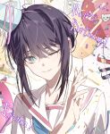  1girl balloon black_hair cho_kaguya-hime! commentary confetti green_eyes h_tora4 hand_up happy_birthday hat highres mole mole_under_eye one_eye_closed open_mouth party_hat sailor_collar sakayori_iroha school_uniform serafuku shirt short_hair_with_long_locks sidelocks solo untranslatable_commentary white_sailor_collar white_shirt 