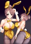  8000 animal_ears black_legwear blush breasts brown_eyes brown_hair bunny_ears bunny_girl bunnysuit commentary_request covered_nipples covering covering_breasts detached_collar fake_animal_ears from_behind hair_bun hair_ornament hairclip highres large_breasts leotard long_hair looking_at_viewer multiple_views pantyhose sakura_quest shinomiya_shiori shiny shiny_clothes shiny_skin sideboob smile yellow_leotard 