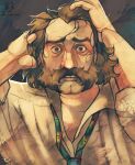  1boy brown_eyes brown_hair collared_shirt commentary desperation disco_elysium english_commentary facial_hair fine_art_parody furrowed_brow hair_slicked_back hand_on_own_head harry_du_bois highres horrific_necktie male_focus mullet mutton_chops parody parted_lips sanpaku shirt solo the_desperate_man_(painting) upper_body valvelocitydefender white_shirt wide-eyed worried 