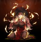  1girl breasts erica_june_lahaie fire full_body granblue_fantasy hat huge_breasts kneeling long_hair looking_at_viewer magisa_(granblue_fantasy) silver_hair smile solo thighhighs watermark witch_hat 