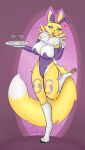 absurd_res alcohol anthro arm_warmers armwear bandai_namco beverage big_breasts blue_eyes breasts clothing cocktail colored_nails digimon digimon_(species) fake_ears fake_rabbit_ears felideerowo female fur heart_symbol hi_res leotard looking_at_viewer martini nails neck_tuft paws plate playboy playboy_bunny pose renamon solo tail tongue tongue_out tuft yellow_body yellow_fur