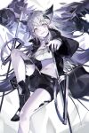  1girl animal_ears arknights bandeau black_boots black_coat black_nails black_shorts boots coat commentary dated fingernails foot_out_of_frame grey_eyes grey_hair hair_ornament hairclip highres kenko_(a143016) knee_boots knee_up lappland_(arknights) long_hair long_sleeves looking_at_viewer material_growth nail_polish navel open_clothes open_coat oripathy_lesion_(arknights) pale_skin scar scar_across_eye scar_on_face sharp_fingernails short_shorts shorts signature solo sword weapon white_bandeau wide_sleeves wolf_ears wolf_girl 