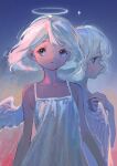  2girls absurdres angel angel_wings bare_shoulders blue_eyes chinese_commentary commentary_request dress expressionless feathered_wings halo hidari_(nanmu-left) highres looking_at_viewer multiple_girls original profile short_hair sky twilight upper_body white_dress white_wings wings 