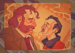  2boys aegyo_sal bomber_jacket collared_shirt disco_elysium exhausted facial_hair from_side green_jacket hair_slicked_back harry_du_bois highres jacket kim_kitsuragi looking_at_another male_focus mullet multiple_boys mutton_chops necktie orange_jacket red_necktie round_eyewear shirt upper_body valvelocitydefender white_shirt zoom_layer 