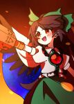  1girl arm_cannon bird_wings black_wings bow brown_hair chest_eye collared_shirt commentary_request control_rod_(touhou) frilled_shirt_collar frills green_bow green_skirt hair_bow highres illust_atelier3 long_hair one-hour_drawing_challenge open_mouth print_cape puffy_short_sleeves puffy_sleeves reiuji_utsuho shirt short_sleeves signature skirt smile solo starry_sky_print third_eye touhou very_long_hair weapon white_shirt wings 