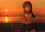  bangs bicycle black_skirt breasts brown_eyes brown_hair closed_mouth domo1220 evening from_side ground_vehicle long_hair looking_at_viewer medium_breasts neckerchief ocean original outdoors pleated_skirt red_neckwear school_uniform serafuku short_sleeves skirt solo sunset 