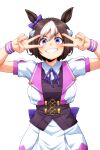  1girl :d animal_ears aono3 arms_up bow braid brown_hair collared_shirt commentary_request cowboy_shot double_v ear_bow grin highres horse_ears horse_girl horse_tail jacket looking_at_viewer medium_hair multicolored_hair neck_ribbon puffy_short_sleeves puffy_sleeves purple_bow purple_eyes purple_ribbon ribbon shirt short_sleeves simple_background skirt smile solo special_week_(special_dreamer)_(umamusume) special_week_(umamusume) tail two-tone_hair umamusume v v-shaped_eyebrows white_background white_hair white_jacket white_shirt white_skirt wristband 