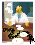  2026 5_fingers absurd_res anthro blue_clothing blue_shirt blue_topwear book border clothing coat desk dialogue doctor dr_knot_(sharkinthepark) eyebrows fingers furniture hi_res imminent_orgasm male offscreen_sex open_mouth reflection rumbling sharkinthepark shirt sound_effects speech_bubble table topwear white_clothing white_coat white_topwear window 