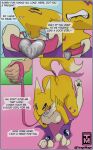  anthro bandai_namco black_nipples black_sclera blue_eyes breasts canid canine clenched_teeth close-up clothing collar collar_tag comic crawling digimon digimon_(species) duo female fox fur gloves handwear hi_res human leash looking_down looking_up male male/female mammal markings nipples pawpads renamon submissive submissive_anthro submissive_female teeth tenge_mage text tuff yellow_body yellow_fur 