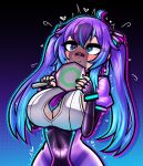  1girl aqua_hair bandaid bandaid_on_face bandaid_on_nose black_nails blue_eyes blue_hair blush breasts cleavage commentary english_commentary fingerless_gloves gloves hair_between_eyes heart heart-shaped_pupils highres leotard limebreaker melody_(projektmelody) melody_(projektmelody)_(lewd_cadet) multicolored_hair necktie penis_awe penis_shadow purple_hair purple_necktie solo streaked_hair sweat symbol-shaped_pupils twintails virtual_youtuber vshojo 