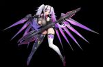  1girl absurdres arm_warmers bare_shoulders breasts cammy_(starward) cleavage_cutout clothing_cutout commentary_request gloves groin guitar highleg highleg_leotard highres horns huge_breasts instrument leotard long_hair mechanical_horns mechanical_legs mechanical_wings official_art panties prototype_design red_eyes rochs0010712504 solo starward thighhighs thighs twintails underwear white_hair wings 