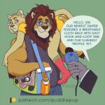 2019 5_fingers ageplay anthro baby_bottle biped blue_eyes blush brown_mane carrying_another clothed clothing dialogue diaper diaper_bag diaper_under_clothing diaper_under_onesie digital_media_(artwork) duo_focus electronics embarrassed english_text eyewear father_(lore) father_and_child_(lore) father_and_son_(lore) felid fingers footwear fur glasses green_background group infantilism interview junior_(puddlepup) lion liondad_(puddlepup) low_res male mammal mane microphone onesie pantherine parent_(lore) parent_and_child_(lore) parent_and_son_(lore) puddlepup roleplay shaved_head signature simple_background socks son_(lore) speech_bubble text trio url wearing_diaper