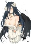  absurdres ahoge albedo bare_shoulders black_hair breasts cleavage feathers highres horns large_breasts leaning_forward long_hair looking_at_viewer overlord_(maruyama) simple_background smile solo tuxedo_de_cat white_background wings yellow_eyes 