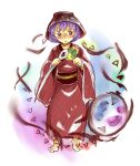  1girl barefoot blush bowl bowl_hat commentary_request full_body hands_up hat holding holding_needle japanese_clothes kimono looking_at_viewer mallet miracle_mallet needle parted_lips purple_hair red_kimono revision short_hair solo standing sukuna_shinmyoumaru touhou tourou_mujou 