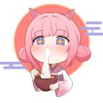  +_+ 1girl absurdres animal_ears blue_eyes bowl chinese_zodiac chopsticks commentary cropped_torso double_bun eating egasumi floral_print floral_print_kimono gradient_clothes gradient_kimono hair_bun highres holding holding_bowl holding_chopsticks horse_ears horse_girl japanese_clothes kaf_(kamitsubaki_studio) kamitsubaki_studio kemonomimi_mode kimono pink_background pink_kimono print_kimono s4n short_hair solo virtual_youtuber white_background white_kimono year_of_the_horse 