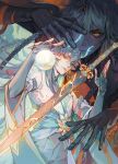  1boy aqua_eyes artist_name beads black_hair braid broken broken_weapon chinese_clothes clothing_cutout colored_inner_hair commentary_request dan_heng_(honkai:_star_rail) dan_heng_(imbibitor_lunae)_(honkai:_star_rail) dark_skin dragon_horns eastern_dragon_horns eyeliner fingerless_gloves floral_print gloves glowing hair_between_eyes highres honkai:_star_rail honkai_(series) horns large_hands makeup male_focus multicolored_hair nanook_(honkai:_star_rail) orange_eyes pointy_ears saiprin shards sword tassel weapon white_hair wide_sleeves 
