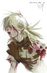  1girl absurdres blonde_hair blood blood_on_clothes blood_on_face hellsing highres military_uniform prisoners_book_(artist) seras_victoria shirt simple_background solo spiked_hair taut_clothes taut_shirt vampire white_background 