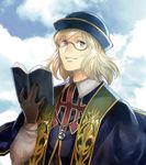  blonde_hair book brown_eyes cloud day glasses gloves granblue_fantasy hat jewelry long_hair male_focus necklace sky solo teeth ten_(kisako) upper_body will_(granblue_fantasy) 