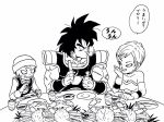  1girl 2boys :d alien armor black_eyes black_hair broly_(dragon_ball_super) chewing chirai crab dragon_ball dragon_ball_super dragon_ball_super_broly eating eyelashes food glass happy hat highres holding holding_food lee_(dragon_garou) lemo_(dragon_ball) looking_down male_focus monochrome multiple_boys muscle no_humans open_mouth plate puffy_cheeks scar short_hair simple_background sitting smile speech_bubble spiked_hair spoon table translation_request upper_body white_background 