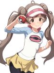  1girl absurdres ahoge black_pantyhose blue_sleeves blush breasts brown_eyes brown_hair closed_mouth commentary_request cosplay cowboy_shot donut_hair_bun double_bun drop_shadow hair_bun hakozaki_serika hand_up highres holding holding_poke_ball idolmaster idolmaster_million_live! large_variant_set long_hair looking_at_viewer milliani pantyhose poke_ball poke_ball_(basic) pokemon raglan_sleeves rosa_(pokemon) rosa_(pokemon)_(cosplay) shirt short_shorts shorts simple_background small_breasts smile solo standing transparent_background twintails variant_set visor_cap white_shirt wristband yellow_shorts 