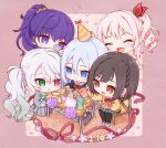  1other 25-ji_miku 25-ji_nightcord_de._(project_sekai) 4girls :d :o ^_^ akiyama_mizuki asahina_mafuyu blue_eyes blue_hair blush brown_eyes chibi chibi_only closed_eyes closed_mouth commentary_request double-parted_bangs full_body green_eyes hair_between_eyes hair_ribbon hat hatsune_miku heterochromia highres instant_cup_noodles instant_noodles long_hair multiple_girls open_mouth oyasumirakko party_hat pink_hair project_sekai purple_eyes purple_hair red_background red_eyes red_ribbon ribbon school_uniform serafuku shinonome_ena short_hair sitting smile twintails vocaloid white_hair yoisaki_kanade 