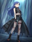  1girl absurdres asymmetrical_gloves blue_hair boots brown_eyes closed_mouth commentary_request commission floating_hair full_body gloves grey_boots gun handgun highres holding holding_gun holding_weapon idolmaster idolmaster_(classic) idolmaster_million_live! idolmaster_million_live!_theater_days kisaragi_chihaya light_frown long_hair midriff milliani navel official_alternate_costume overskirt pixiv_commission sleeveless solo standing uneven_gloves variant_set weapon 
