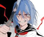  1boy 1girl angry ayane_ichijou back_ribbon black_background black_hair black_jacket black_sailor_collar blue_hair blunt_ends clenched_teeth contrast_collar false_smile floating_ribbon furrowed_brow grin hair_between_eyes highres holding holding_sword holding_weapon jacket long_ribbon medium_hair minato_kageaki neckerchief portrait red_eyes red_neckerchief red_ribbon reflection reflective_surface ribbon sailor_collar sharp_teeth shirt smile solo_focus soukou_akki_muramasa sword teardrop tearing_up teeth two-tone_background wams01110011 weapon white_background white_shirt 
