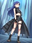  1girl absurdres asymmetrical_gloves blue_hair boots brown_eyes closed_mouth commentary_request commission floating_hair full_body gloves grey_boots gun handgun highres holding holding_gun holding_weapon idolmaster idolmaster_(classic) idolmaster_million_live! idolmaster_million_live!_theater_days kisaragi_chihaya light_frown long_hair midriff milliani navel official_alternate_costume overskirt pixiv_commission sleeveless solo standing uneven_gloves variant_set weapon 