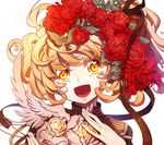  :d blonde_hair flower hair_flower hair_ornament hand_on_own_chest looking_at_viewer official_art open_mouth rose simple_background smile solo tanya_degurechaff toda_youkon upper_body white_background yellow_eyes youjo_senki 