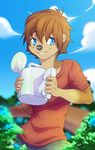  5_fingers anthro blue_eyes brown_hair clothed clothing day detailed_background grey_nose hair male mammal mustelid otter outside rikitoka sky smile solo 