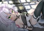  1girl :o assassin_of_black bandage bandaged_arm bed_sheet belt black_gloves black_legwear black_panties fate/apocrypha fate_(series) fingerless_gloves gloves green_eyes knees_up looking_at_viewer lying on_bed panties scar shirosuzu short_hair shoulder_tattoo side-tie_panties silver_hair single_glove single_thighhigh solo tattoo thighhighs underwear untied untied_panties 